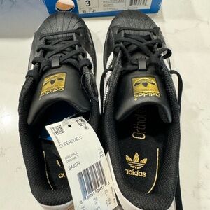 Adidas black, white and gold superstar size 3 kids brand new in box with tags